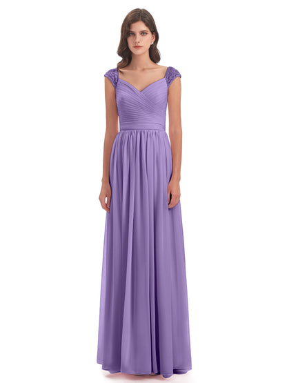 Arely Cap Sleeves Chiffon Long Bridesmaid Dresses
