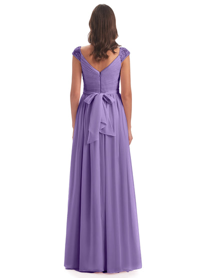 Arely Cap Sleeves Chiffon Long Bridesmaid Dresses