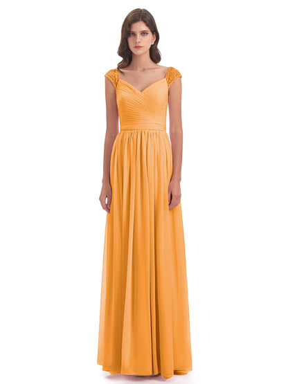 Arely Cap Sleeves Chiffon Long Bridesmaid Dresses