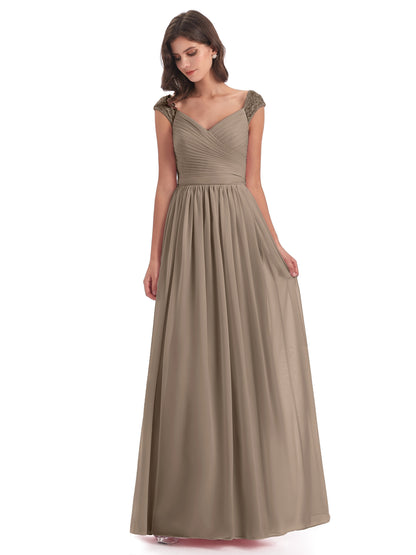 Arely Cap Sleeves Chiffon Long Bridesmaid Dresses