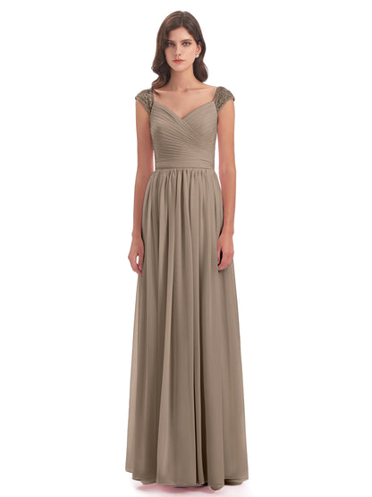Arely Cap Sleeves Chiffon Long Bridesmaid Dresses