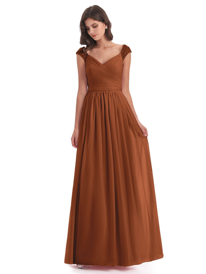 Arely Cap Sleeves Chiffon Long Bridesmaid Dresses