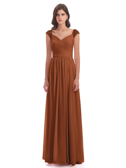 Arely Cap Sleeves Chiffon Long Bridesmaid Dresses