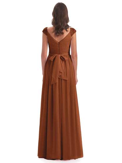 Arely Cap Sleeves Chiffon Long Bridesmaid Dresses