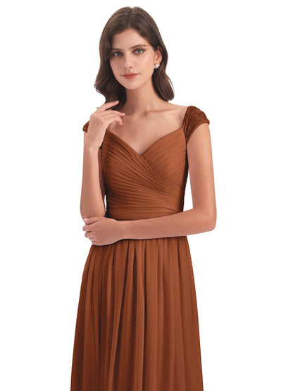 Arely Cap Sleeves Chiffon Long Bridesmaid Dresses