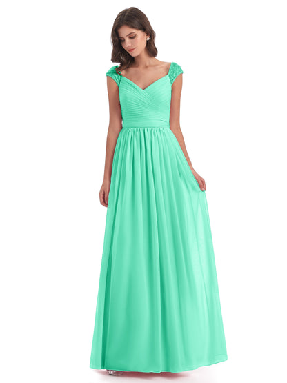 Arely Cap Sleeves Chiffon Long Bridesmaid Dresses