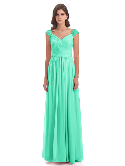 Arely Cap Sleeves Chiffon Long Bridesmaid Dresses