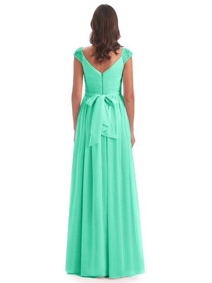 Arely Cap Sleeves Chiffon Long Bridesmaid Dresses