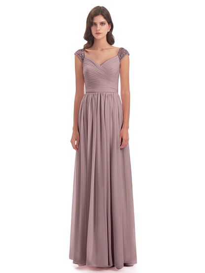 Arely Cap Sleeves Chiffon Long Bridesmaid Dresses