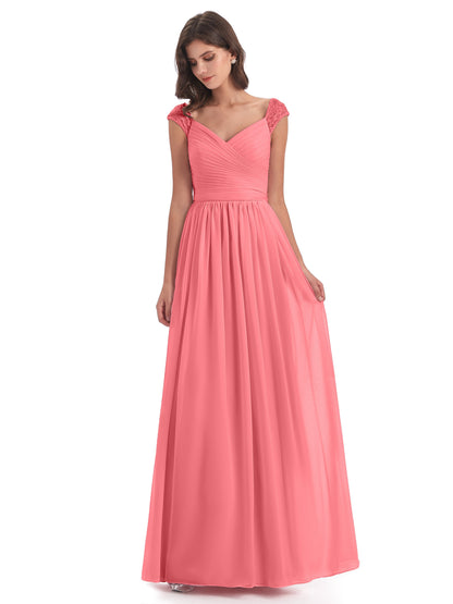 Arely Cap Sleeves Chiffon Long Bridesmaid Dresses