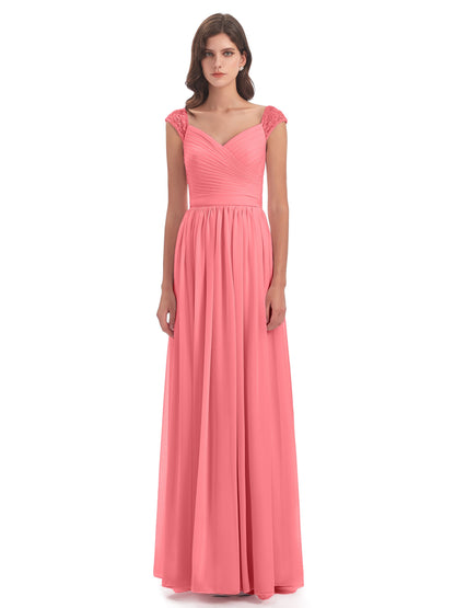 Arely Cap Sleeves Chiffon Long Bridesmaid Dresses