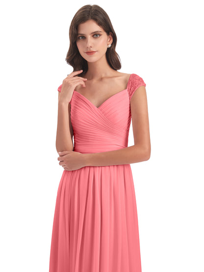Arely Cap Sleeves Chiffon Long Bridesmaid Dresses