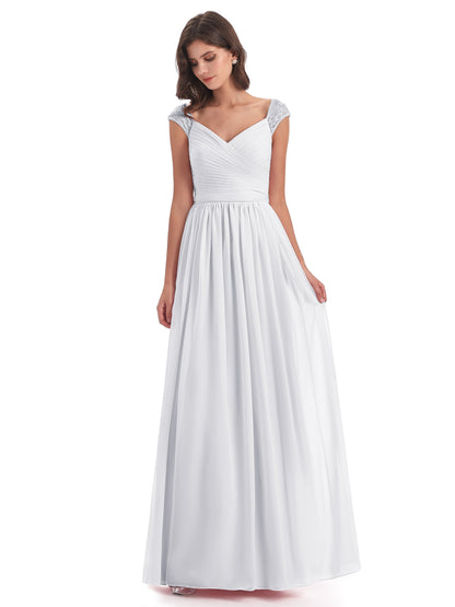 Arely Cap Sleeves Chiffon Long Bridesmaid Dresses