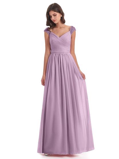Arely Cap Sleeves Chiffon Long Bridesmaid Dresses