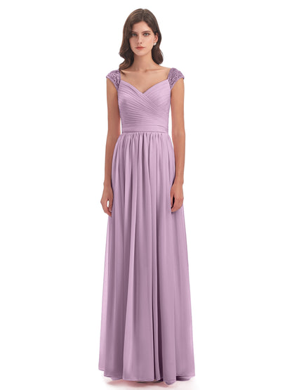 Arely Cap Sleeves Chiffon Long Bridesmaid Dresses