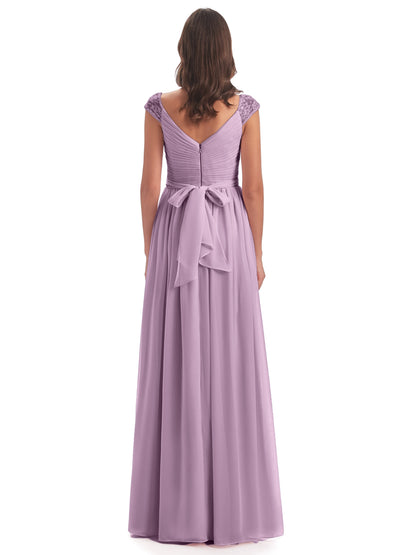 Arely Cap Sleeves Chiffon Long Bridesmaid Dresses