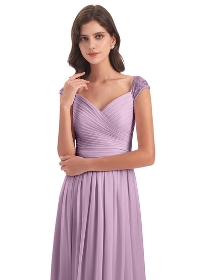 Arely Cap Sleeves Chiffon Long Bridesmaid Dresses