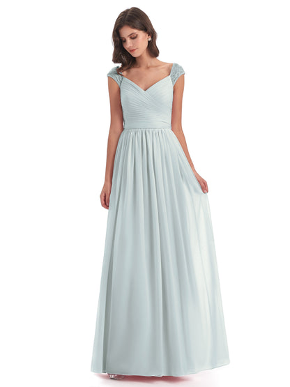 Arely Cap Sleeves Chiffon Long Bridesmaid Dresses