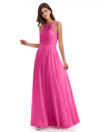 Avery Halter Illusion Lace Long Bridesmaid Dresses