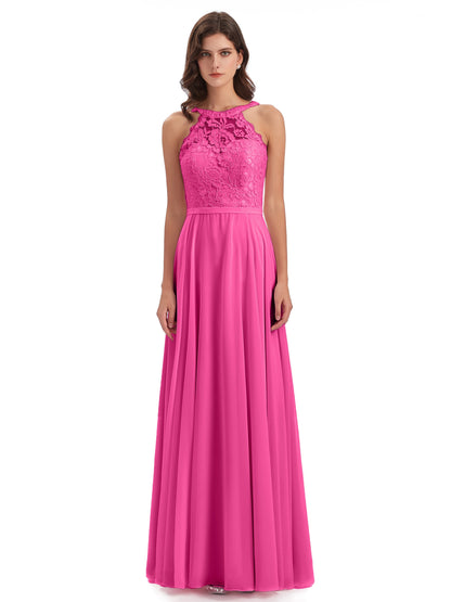 Avery Halter Illusion Lace Long Bridesmaid Dresses