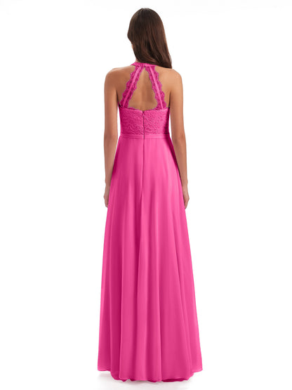 Avery Halter Illusion Lace Long Bridesmaid Dresses
