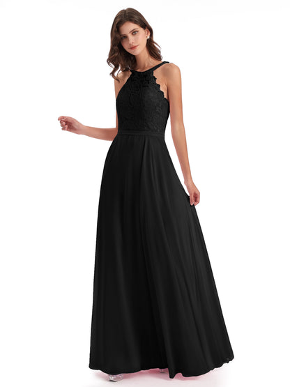 Avery Halter Illusion Lace Long Bridesmaid Dresses