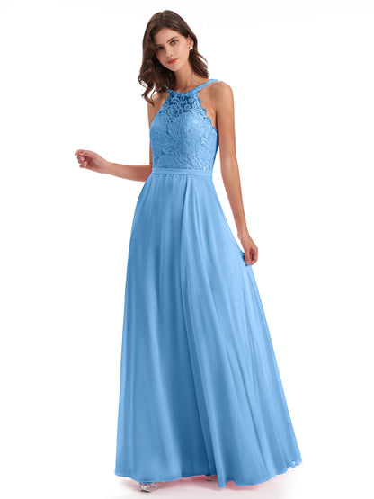 Avery Halter Illusion Lace Long Bridesmaid Dresses