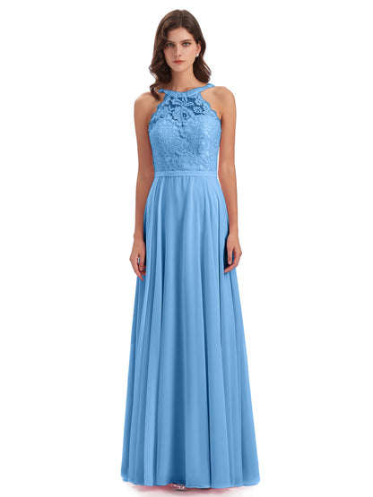 Avery Halter Illusion Lace Long Bridesmaid Dresses