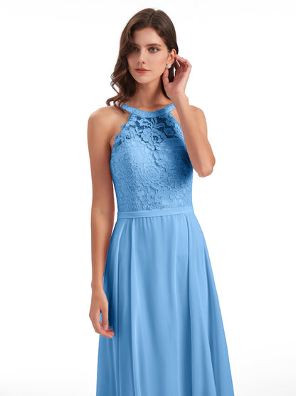 Avery Halter Illusion Lace Long Bridesmaid Dresses