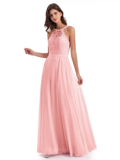 Avery Halter Illusion Lace Long Bridesmaid Dresses