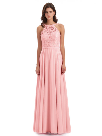 Avery Halter Illusion Lace Long Bridesmaid Dresses