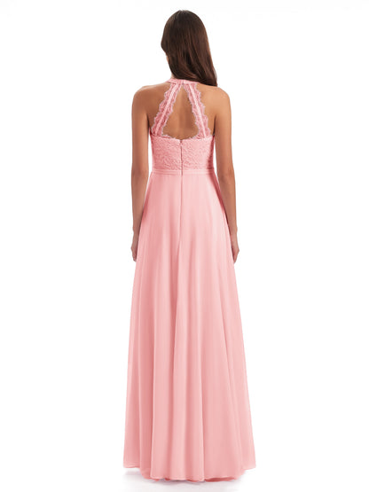 Avery Halter Illusion Lace Long Bridesmaid Dresses