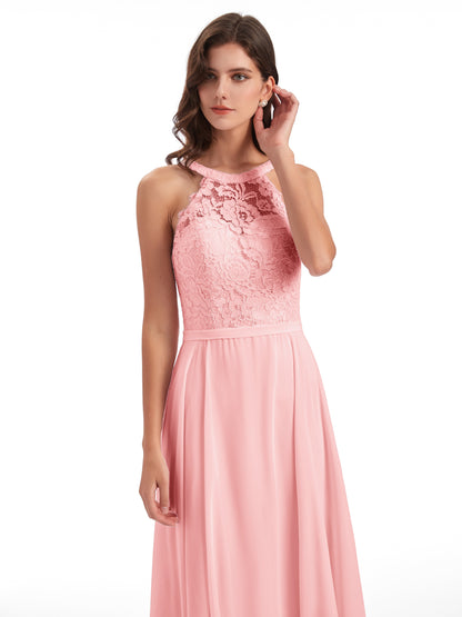 Avery Halter Illusion Lace Long Bridesmaid Dresses