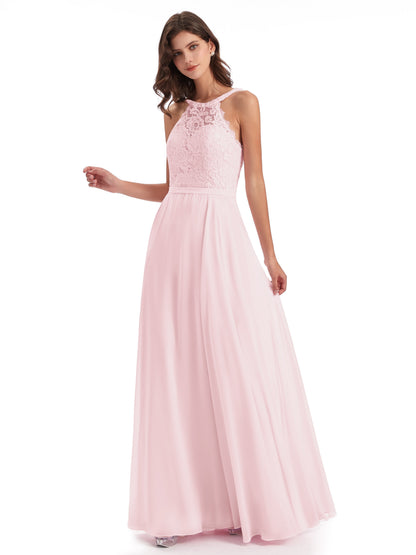 Avery Halter Illusion Lace Long Bridesmaid Dresses