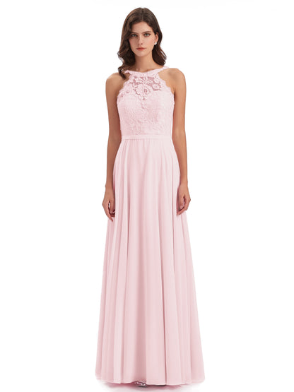 Avery Halter Illusion Lace Long Bridesmaid Dresses