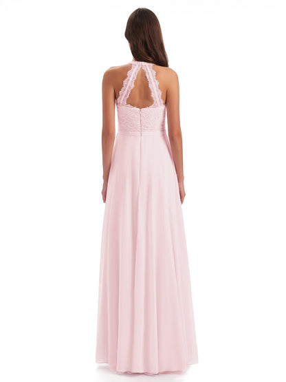Avery Halter Illusion Lace Long Bridesmaid Dresses
