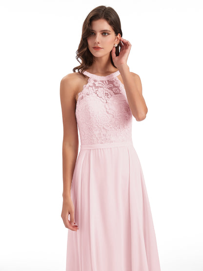 Avery Halter Illusion Lace Long Bridesmaid Dresses