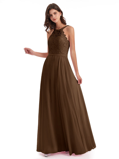 Avery Halter Illusion Lace Long Bridesmaid Dresses