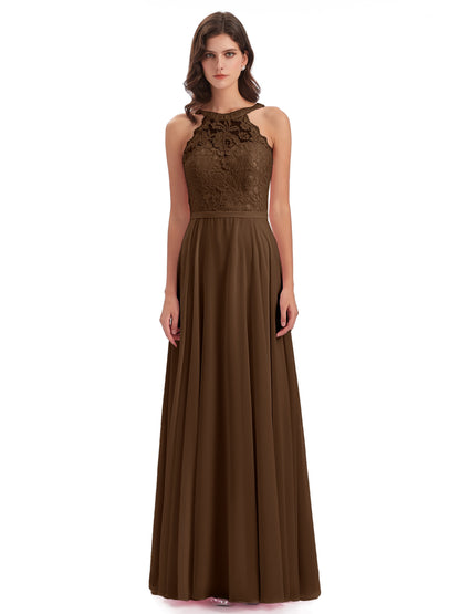 Avery Halter Illusion Lace Long Bridesmaid Dresses