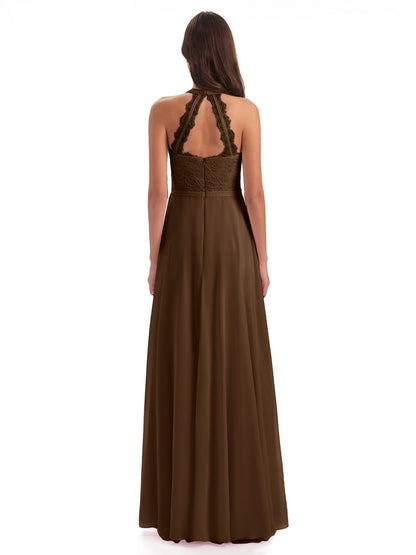 Avery Halter Illusion Lace Long Bridesmaid Dresses