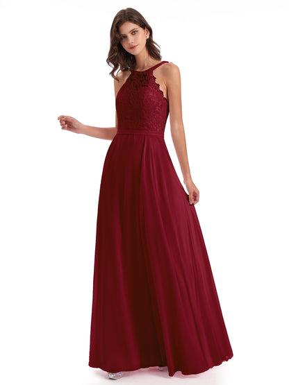 Avery Halter Illusion Lace Long Bridesmaid Dresses