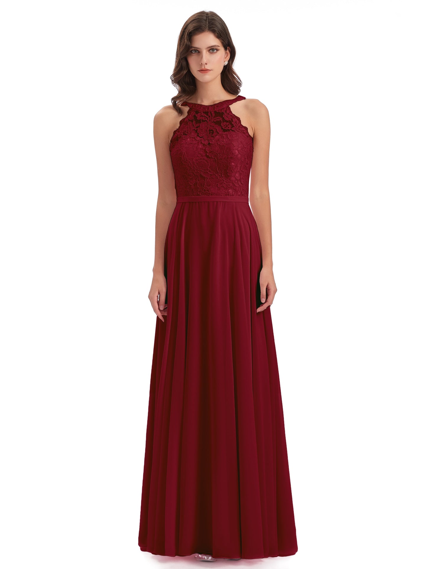 Avery Halter Illusion Lace Long Bridesmaid Dresses