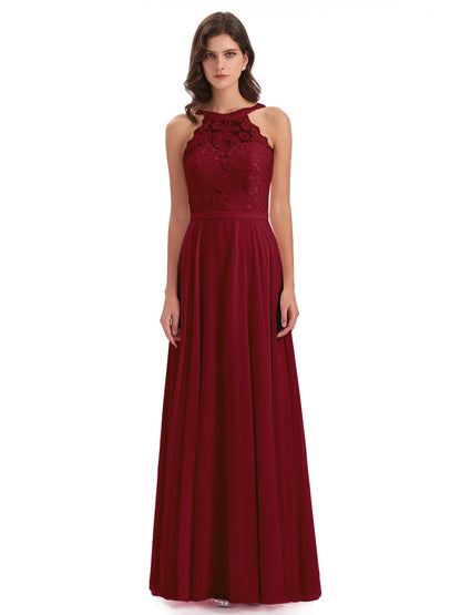 Avery Halter Illusion Lace Long Bridesmaid Dresses