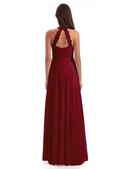 Avery Halter Illusion Lace Long Bridesmaid Dresses
