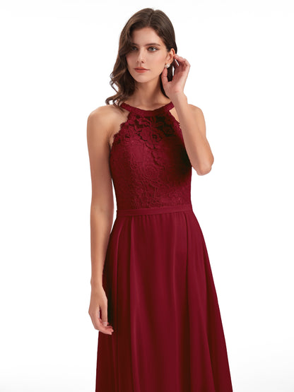 Avery Halter Illusion Lace Long Bridesmaid Dresses
