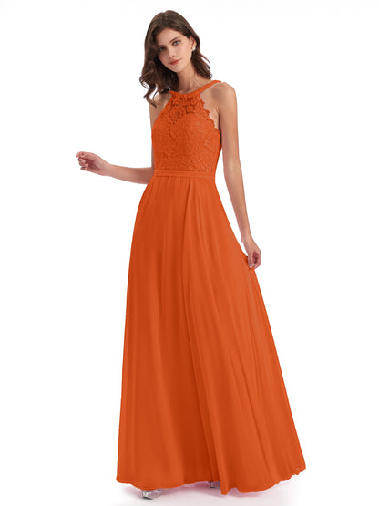 Avery Halter Illusion Lace Long Bridesmaid Dresses