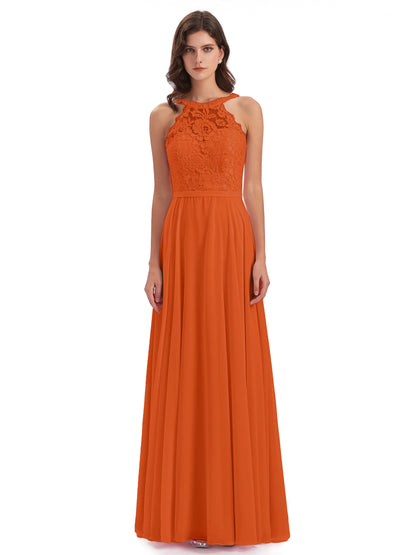 Avery Halter Illusion Lace Long Bridesmaid Dresses