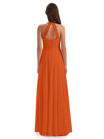 Avery Halter Illusion Lace Long Bridesmaid Dresses