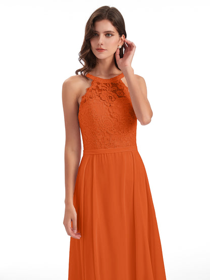 Avery Halter Illusion Lace Long Bridesmaid Dresses