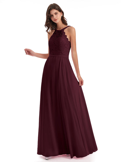 Avery Halter Illusion Lace Long Bridesmaid Dresses